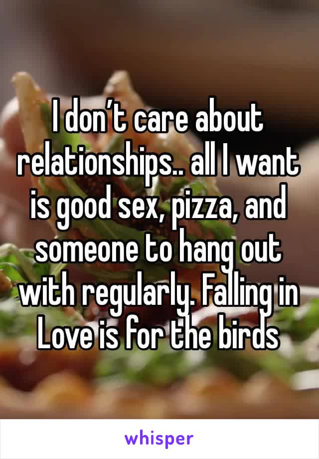 I don’t care about relationships.. all I want is good sex, pizza, and someone to hang out with regularly. Falling in Love is for the birds 