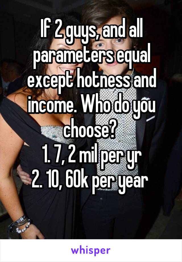 If 2 guys, and all parameters equal except hotness and income. Who do you choose? 
1. 7, 2 mil per yr
2. 10, 60k per year 

