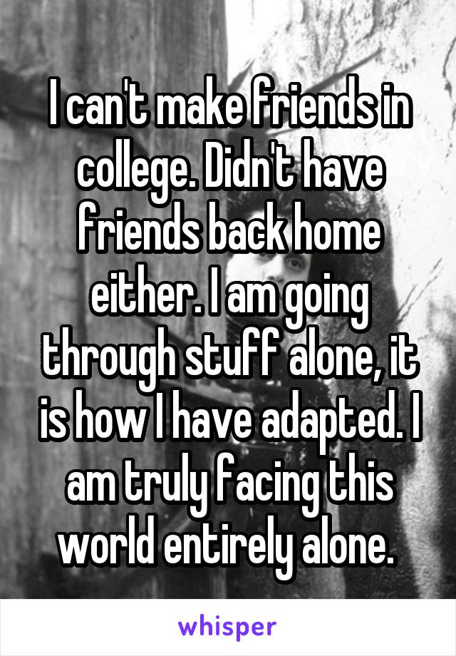 I can't make friends in college. Didn't have friends back home either. I am going through stuff alone, it is how I have adapted. I am truly facing this world entirely alone. 