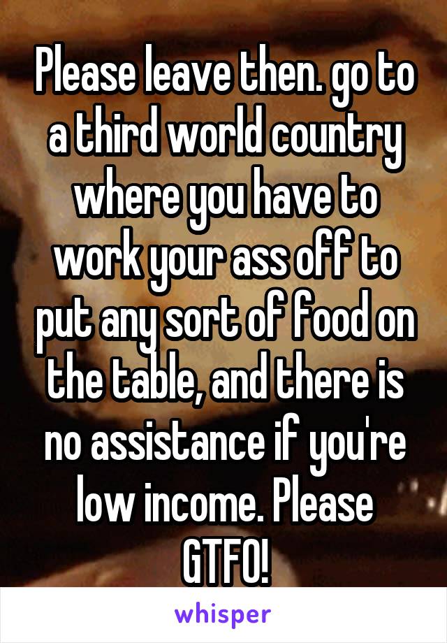 Please leave then. go to a third world country where you have to work your ass off to put any sort of food on the table, and there is no assistance if you're low income. Please GTFO!