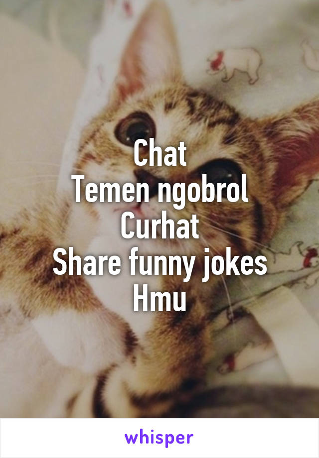 Chat
Temen ngobrol
Curhat
Share funny jokes
Hmu
