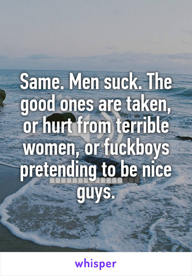 Same. Men suck. The good ones are taken, or hurt from terrible women, or fuckboys pretending to be nice guys.