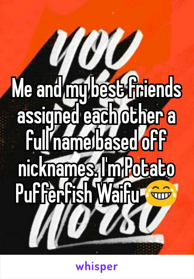 Me and my best friends assigned each other a full name based off nicknames. I'm Potato Pufferfish Waifu 😂