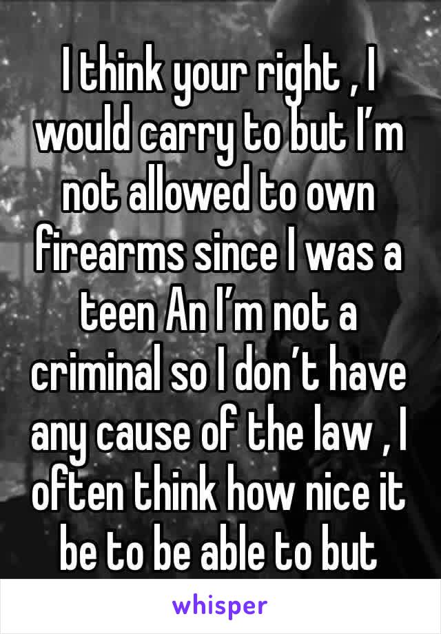 I think your right , I would carry to but I’m not allowed to own firearms since I was a teen An I’m not a criminal so I don’t have any cause of the law , I often think how nice it be to be able to but