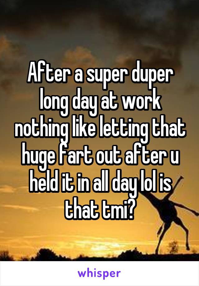 After a super duper long day at work nothing like letting that huge fart out after u held it in all day lol is that tmi?