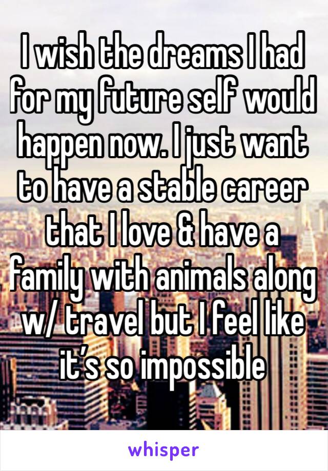 I wish the dreams I had for my future self would happen now. I just want to have a stable career that I love & have a family with animals along w/ travel but I feel like it’s so impossible 