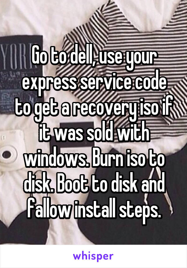 Go to dell, use your express service code to get a recovery iso if it was sold with windows. Burn iso to disk. Boot to disk and fallow install steps.