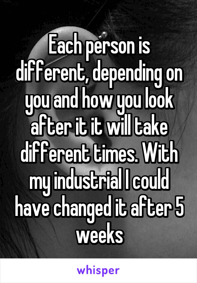 Each person is different, depending on you and how you look after it it will take different times. With my industrial I could have changed it after 5 weeks