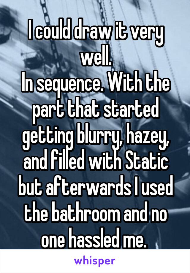 I could draw it very well.
In sequence. With the part that started getting blurry, hazey, and filled with Static but afterwards I used the bathroom and no one hassled me. 