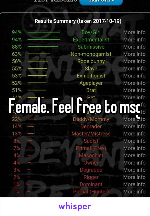 Female. Feel free to msg
