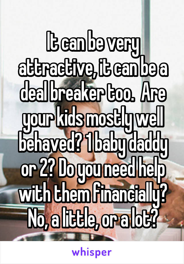 It can be very attractive, it can be a deal breaker too.  Are your kids mostly well behaved? 1 baby daddy or 2? Do you need help with them financially? No, a little, or a lot?