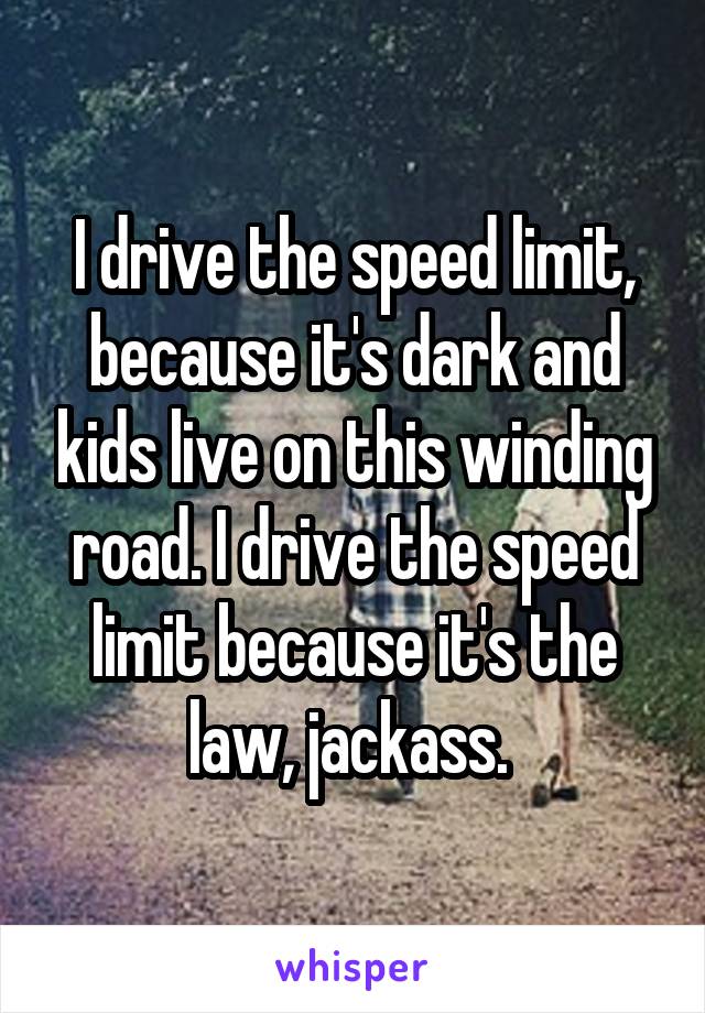 I drive the speed limit, because it's dark and kids live on this winding road. I drive the speed limit because it's the law, jackass. 