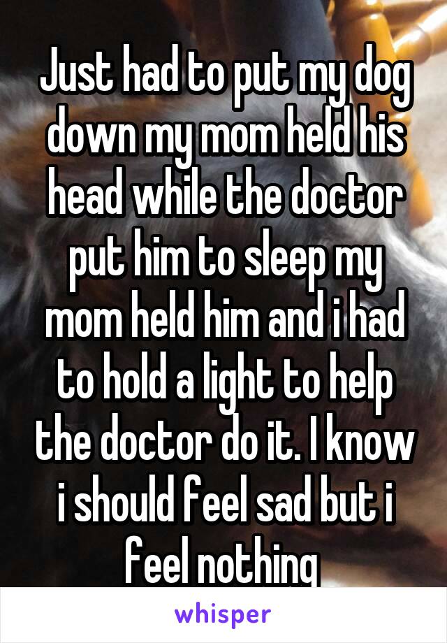 Just had to put my dog down my mom held his head while the doctor put him to sleep my mom held him and i had to hold a light to help the doctor do it. I know i should feel sad but i feel nothing 