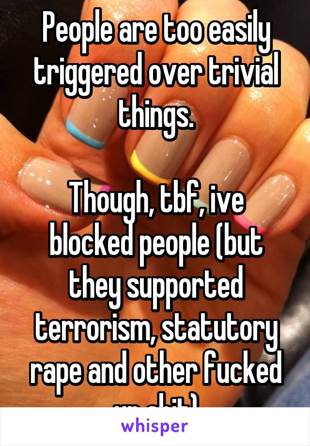 People are too easily triggered over trivial things.

Though, tbf, ive blocked people (but they supported terrorism, statutory rape and other fucked up shit)