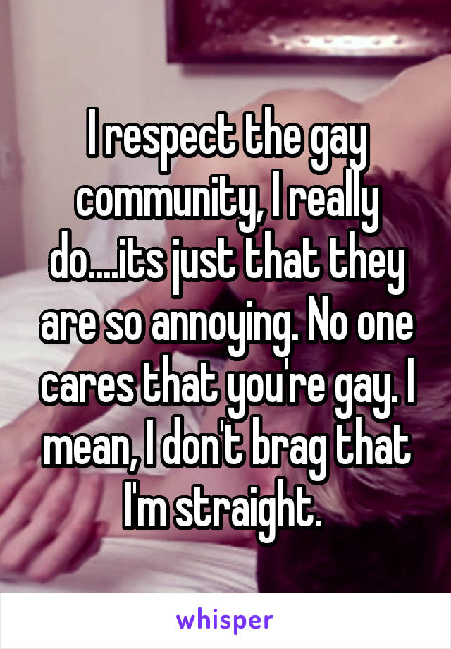 I respect the gay community, I really do....its just that they are so annoying. No one cares that you're gay. I mean, I don't brag that I'm straight. 