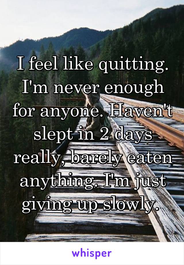 I feel like quitting. I'm never enough for anyone. Haven't slept in 2 days really, barely eaten anything. I'm just giving up slowly. 