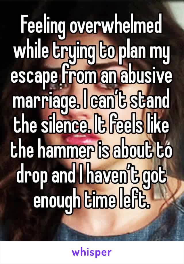 Feeling overwhelmed while trying to plan my escape from an abusive marriage. I can’t stand the silence. It feels like the hammer is about to drop and I haven’t got enough time left.