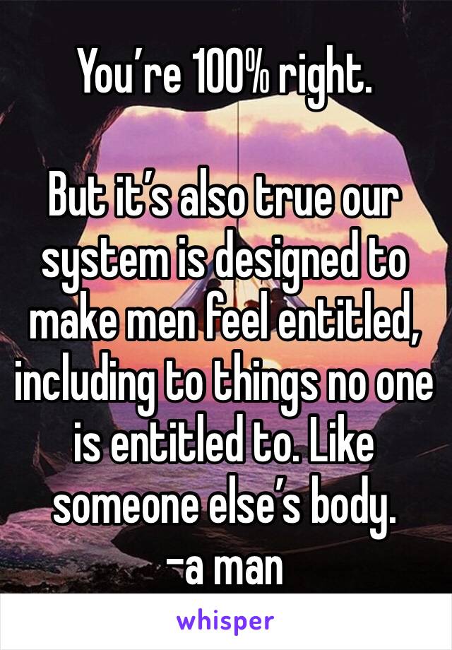 You’re 100% right.

But it’s also true our system is designed to make men feel entitled, including to things no one is entitled to. Like someone else’s body.
-a man