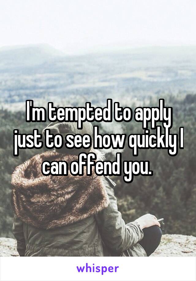 I'm tempted to apply just to see how quickly I can offend you. 