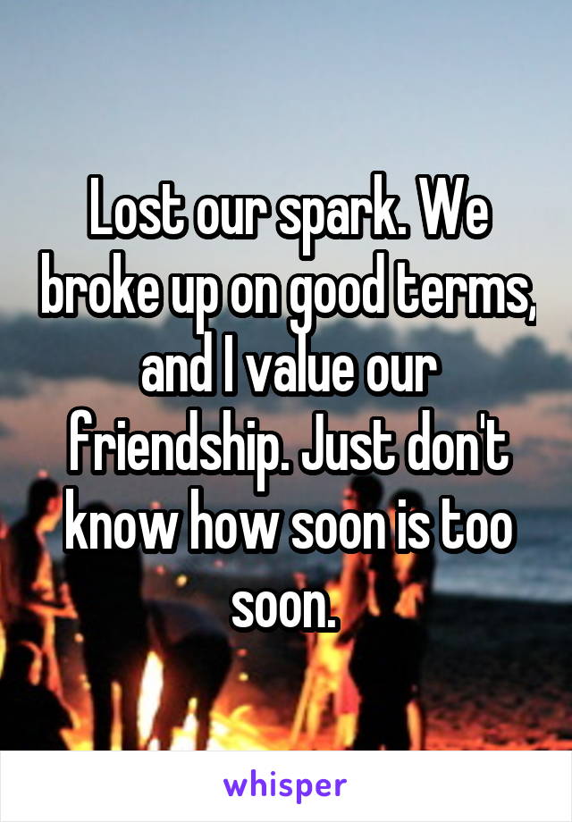 Lost our spark. We broke up on good terms, and I value our friendship. Just don't know how soon is too soon. 