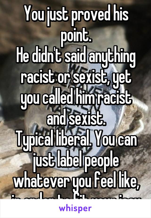 You just proved his point.
He didn't said anything racist or sexist, yet you called him racist and sexist.
Typical liberal. You can just label people whatever you feel like, in order to fit your issu