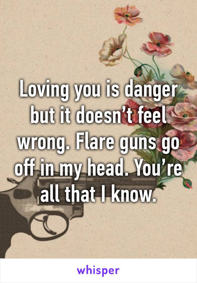 Loving you is danger but it doesn’t feel wrong. Flare guns go off in my head. You’re all that I know.