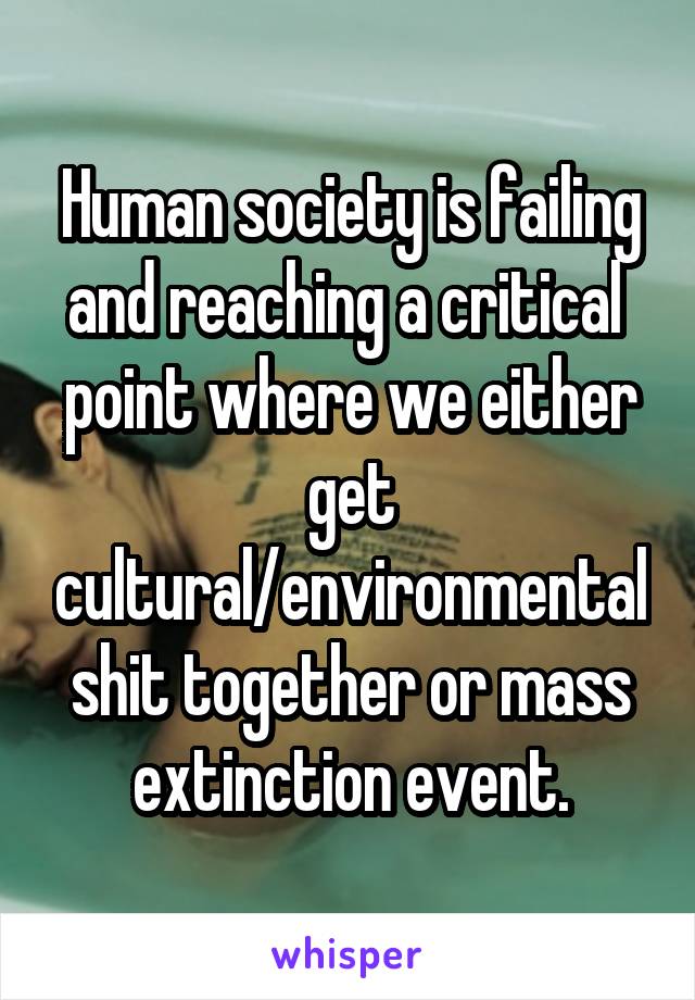 Human society is failing and reaching a critical  point where we either get cultural/environmental shit together or mass extinction event.