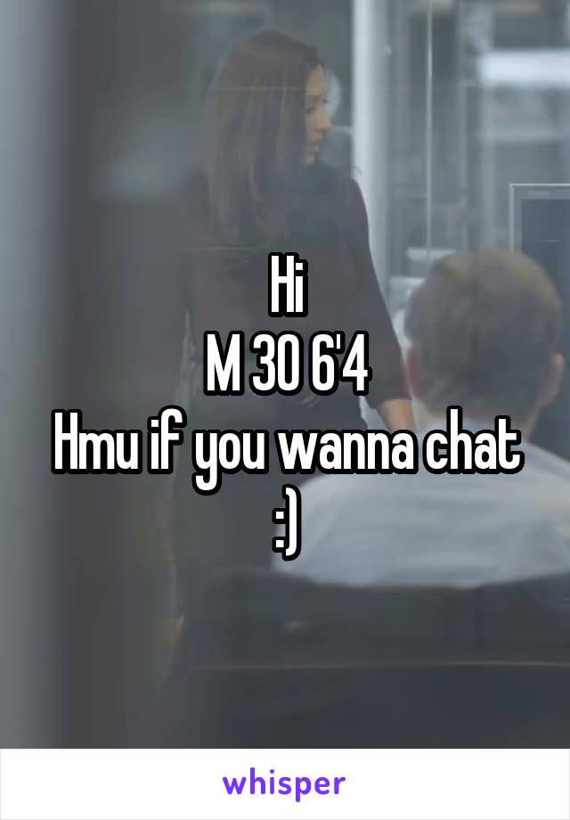 Hi
M 30 6'4
Hmu if you wanna chat :)
