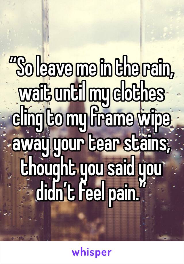 “So leave me in the rain, wait until my clothes cling to my frame wipe away your tear stains, thought you said you didn’t feel pain.”