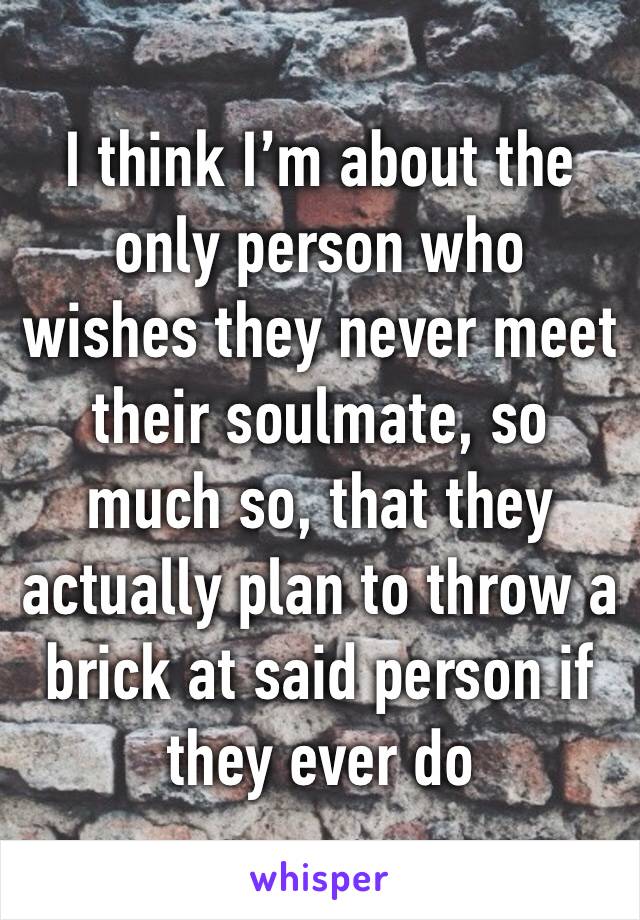 I think I’m about the only person who wishes they never meet their soulmate, so much so, that they actually plan to throw a brick at said person if they ever do 