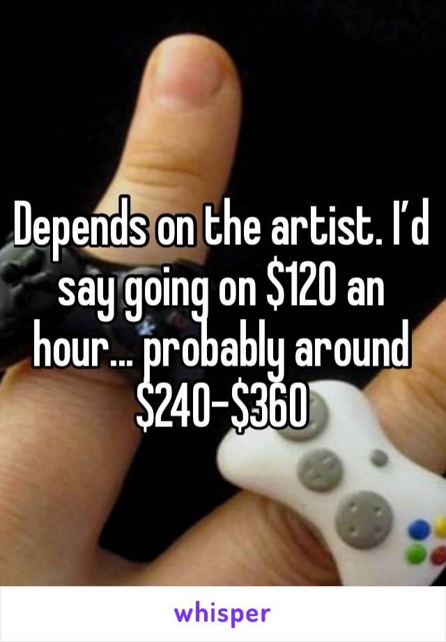 Depends on the artist. I’d say going on $120 an hour... probably around $240-$360