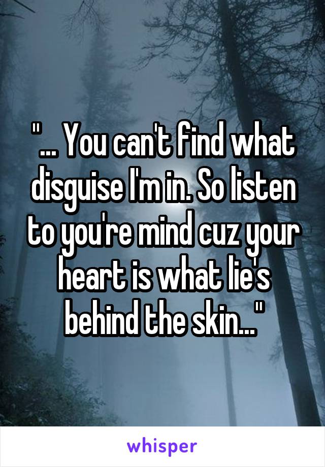 "... You can't find what disguise I'm in. So listen to you're mind cuz your heart is what lie's behind the skin..."