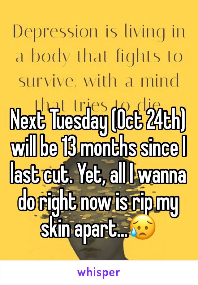 Next Tuesday (Oct 24th) will be 13 months since I last cut. Yet, all I wanna do right now is rip my skin apart...😥