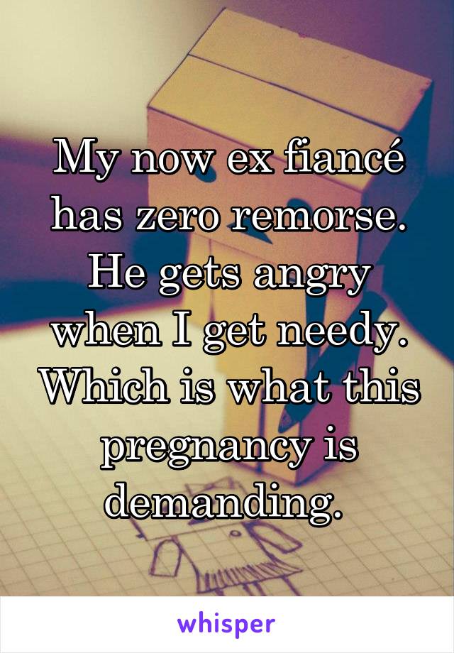 My now ex fiancé has zero remorse. He gets angry when I get needy. Which is what this pregnancy is demanding. 