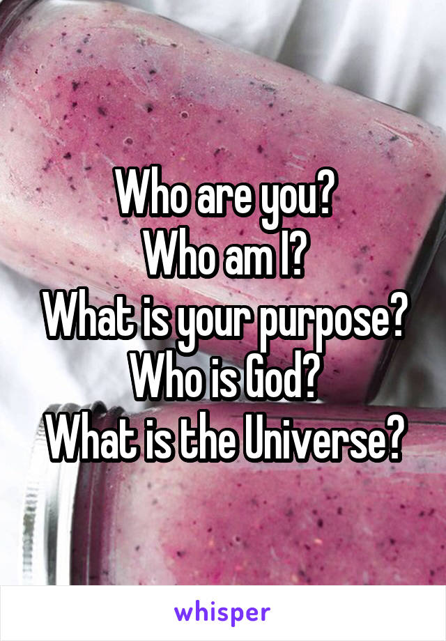 Who are you?
Who am I?
What is your purpose?
Who is God?
What is the Universe?