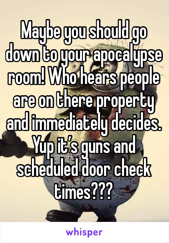 Maybe you should go down to your apocalypse room! Who hears people are on there property and immediately decides. Yup it’s guns and scheduled door check times???