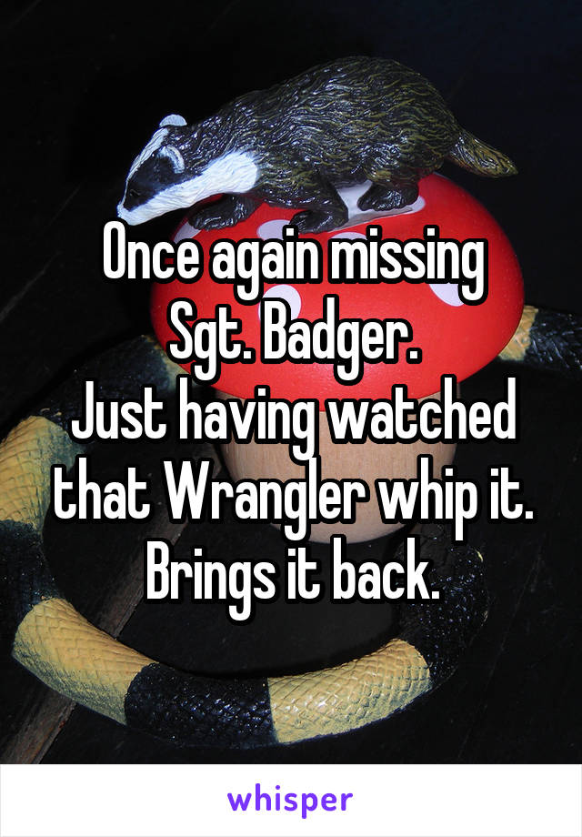 Once again missing
Sgt. Badger.
Just having watched that Wrangler whip it.
Brings it back.