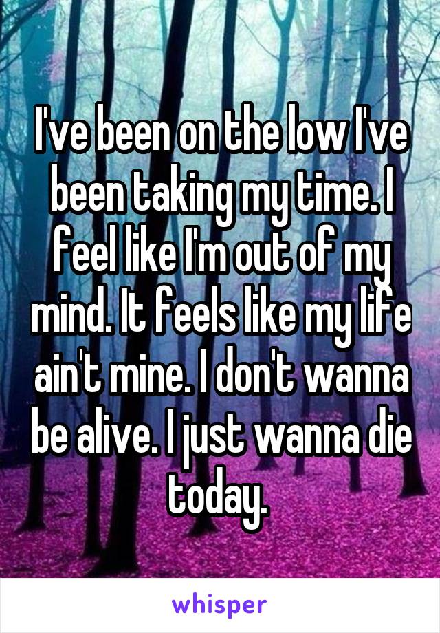 I've been on the low I've been taking my time. I feel like I'm out of my mind. It feels like my life ain't mine. I don't wanna be alive. I just wanna die today. 