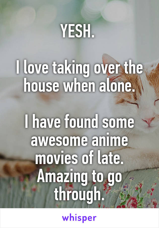 YESH. 

I love taking over the house when alone.

I have found some awesome anime movies of late. Amazing to go through.