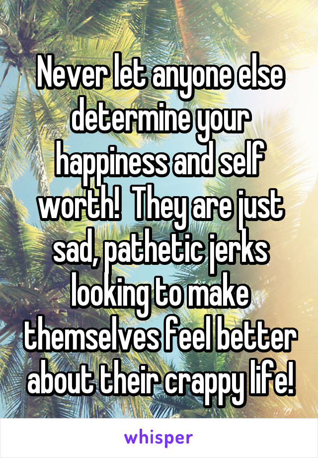 Never let anyone else determine your happiness and self worth!  They are just sad, pathetic jerks looking to make themselves feel better about their crappy life!