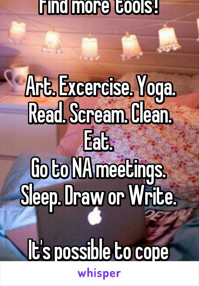 Find more 'tools'! 


Art. Excercise. Yoga. Read. Scream. Clean. Eat. 
Go to NA meetings.  Sleep. Draw or Write. 

It's possible to cope 
