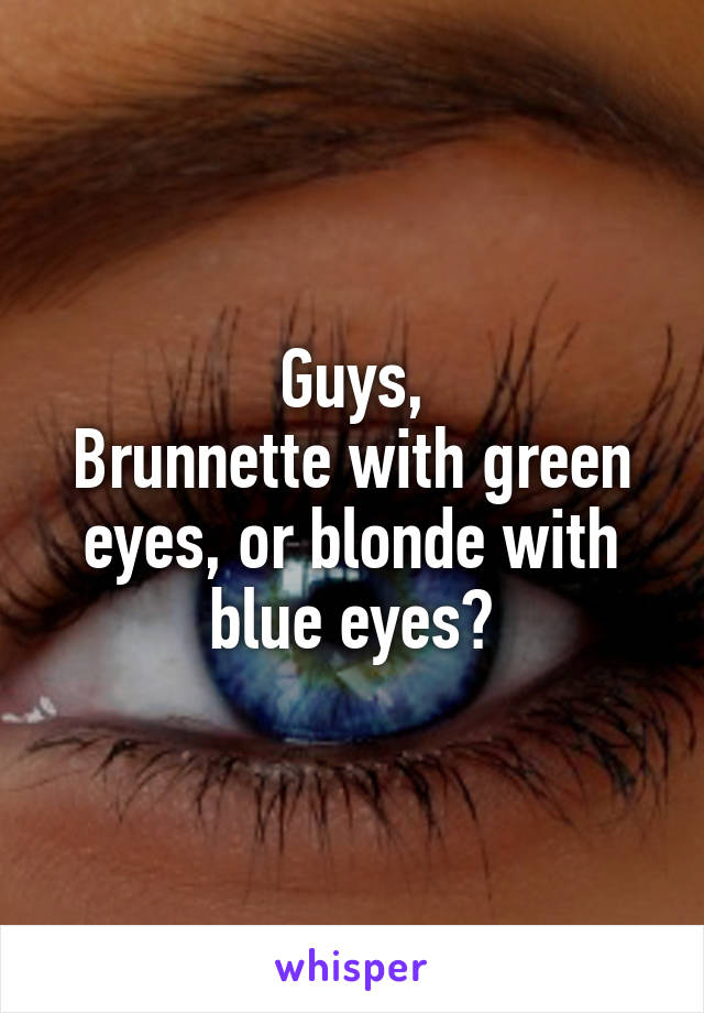 Guys,
Brunnette with green eyes, or blonde with blue eyes?