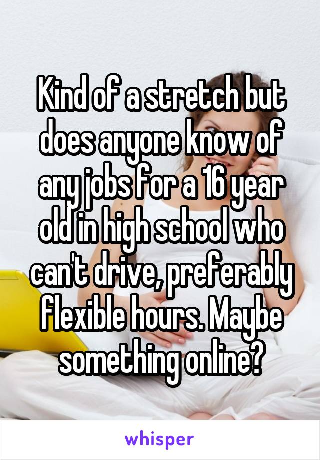 Kind of a stretch but does anyone know of any jobs for a 16 year old in high school who can't drive, preferably flexible hours. Maybe something online?