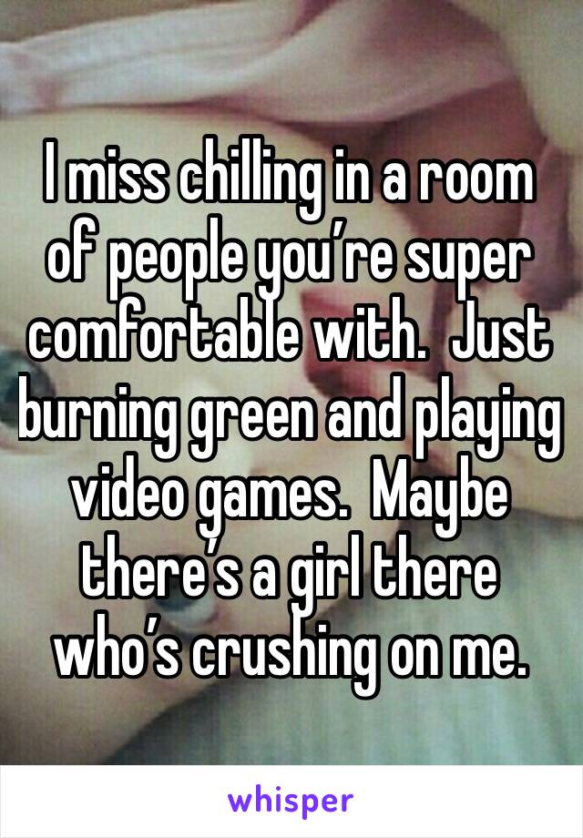 I miss chilling in a room of people you’re super comfortable with.  Just burning green and playing video games.  Maybe there’s a girl there who’s crushing on me.