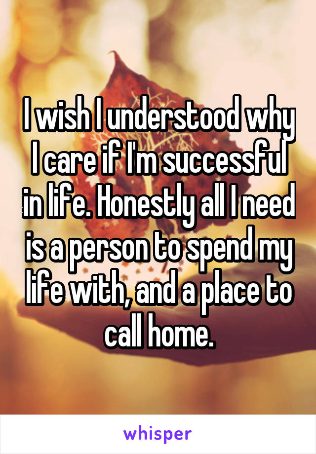 I wish I understood why I care if I'm successful in life. Honestly all I need is a person to spend my life with, and a place to call home.