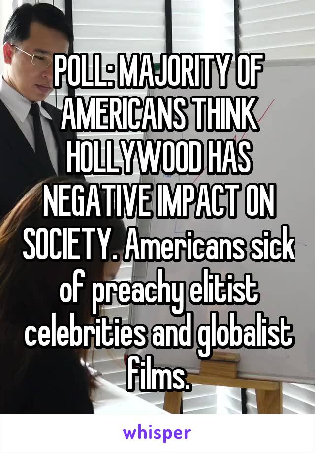 POLL: MAJORITY OF AMERICANS THINK HOLLYWOOD HAS NEGATIVE IMPACT ON SOCIETY. Americans sick of preachy elitist celebrities and globalist films.