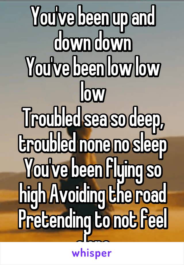 You've been up and down down
You've been low low low
Troubled sea so deep, troubled none no sleep
You've been flying so high Avoiding the road
Pretending to not feel alone