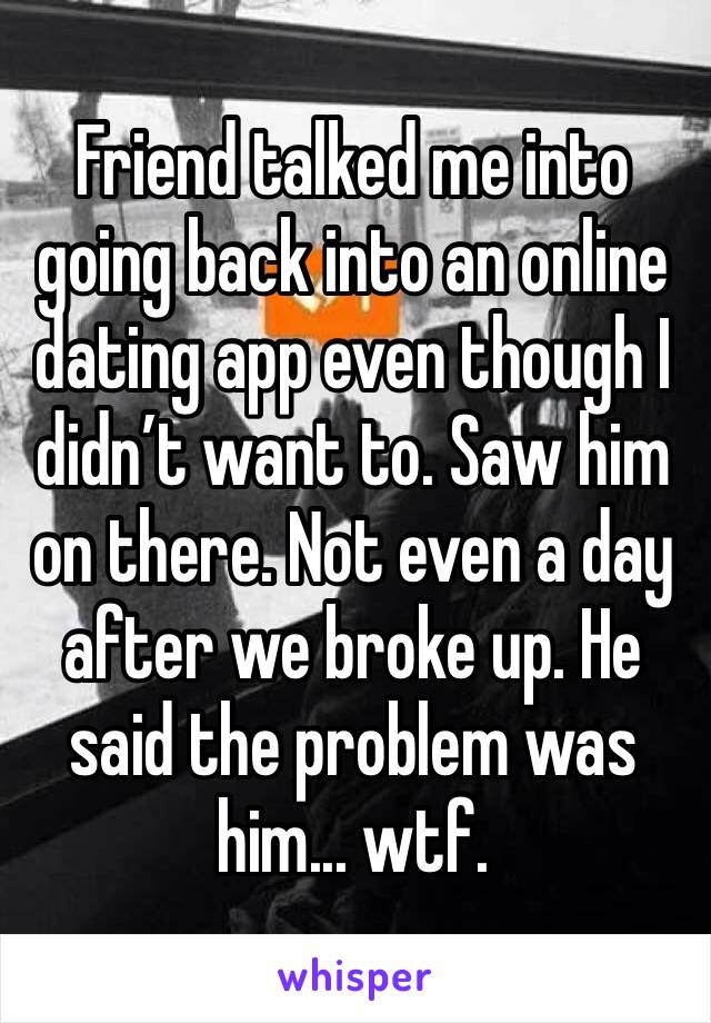Friend talked me into going back into an online dating app even though I didn’t want to. Saw him on there. Not even a day after we broke up. He said the problem was him... wtf.