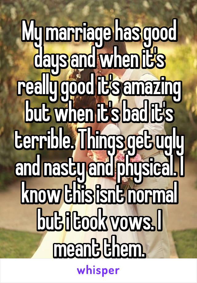 My marriage has good days and when it's really good it's amazing but when it's bad it's terrible. Things get ugly and nasty and physical. I know this isnt normal but i took vows. I meant them.