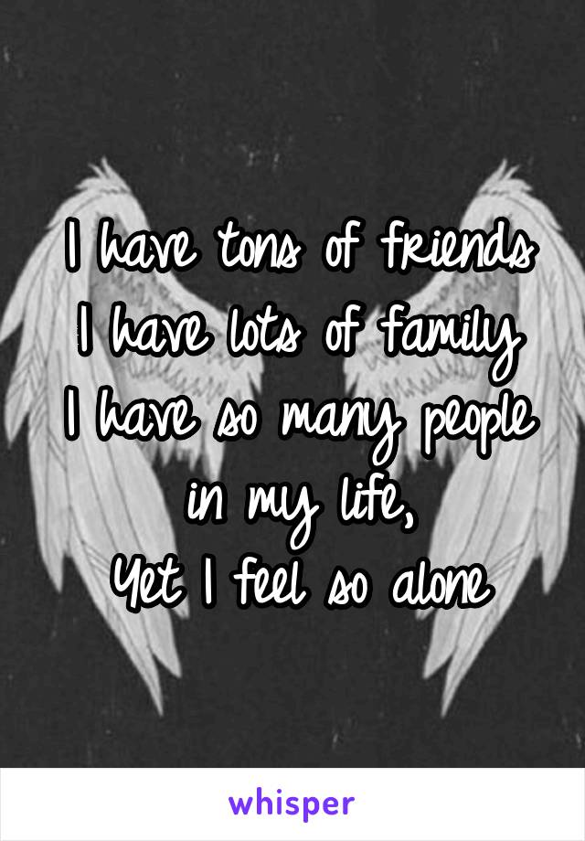 I have tons of friends
I have lots of family
I have so many people in my life,
Yet I feel so alone